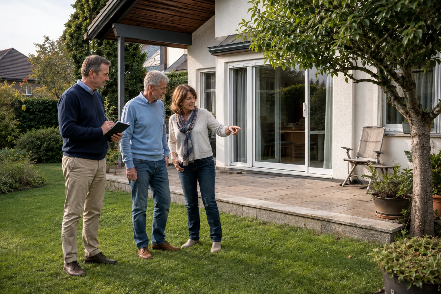 Eigentümerpaar zeigt einem Immobilienmitarbeiter Garten und Terrasse seines Hauses