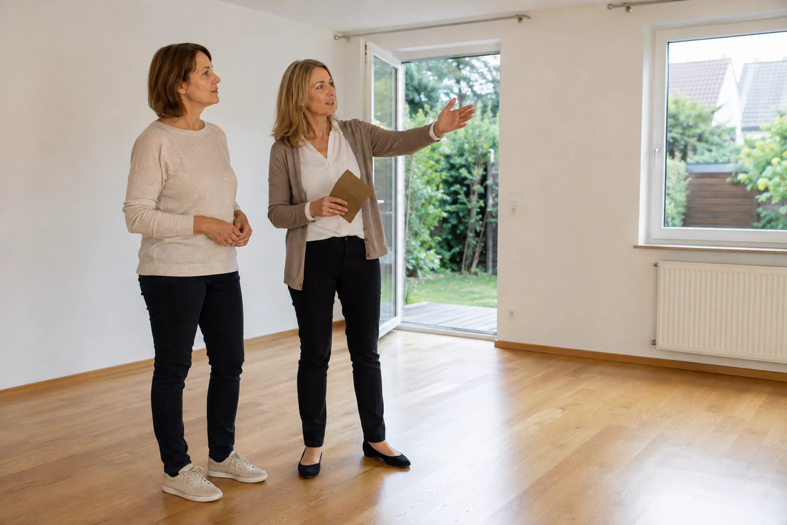 Eigentümerin und Immobilienmitarbeiterin betrachten Licht und Raumaufteilung eines Wohnzimmers