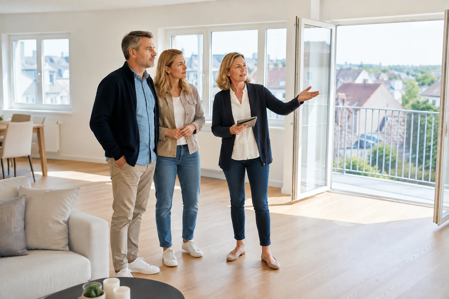 Kaufinteressenten betrachten mit einer Immobilienmitarbeiterin Raumaufteilung und Balkon einer Wohnung